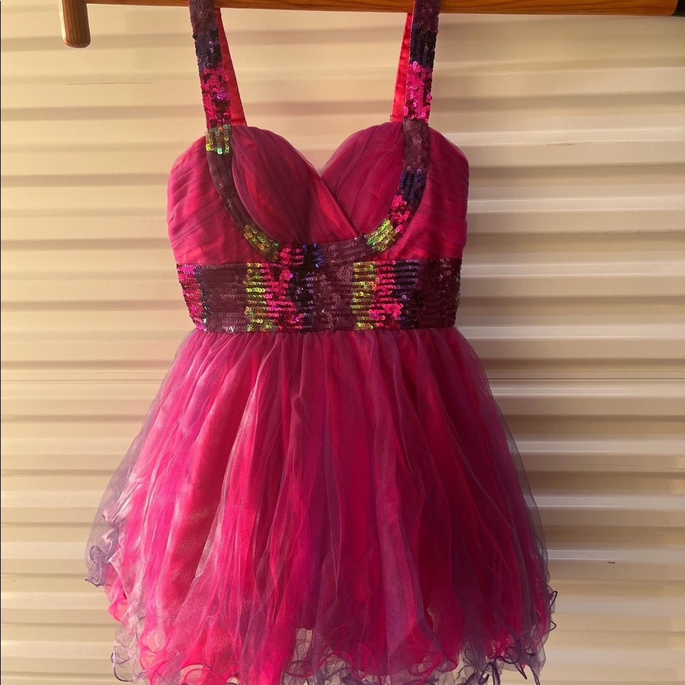 Poofy pink cocktail pageant prom dress